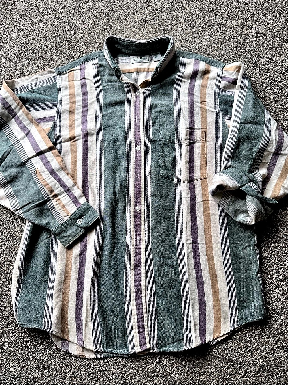 L.L.Bean Northwoods Striped Cotton Shirt in Green & White Size Medium